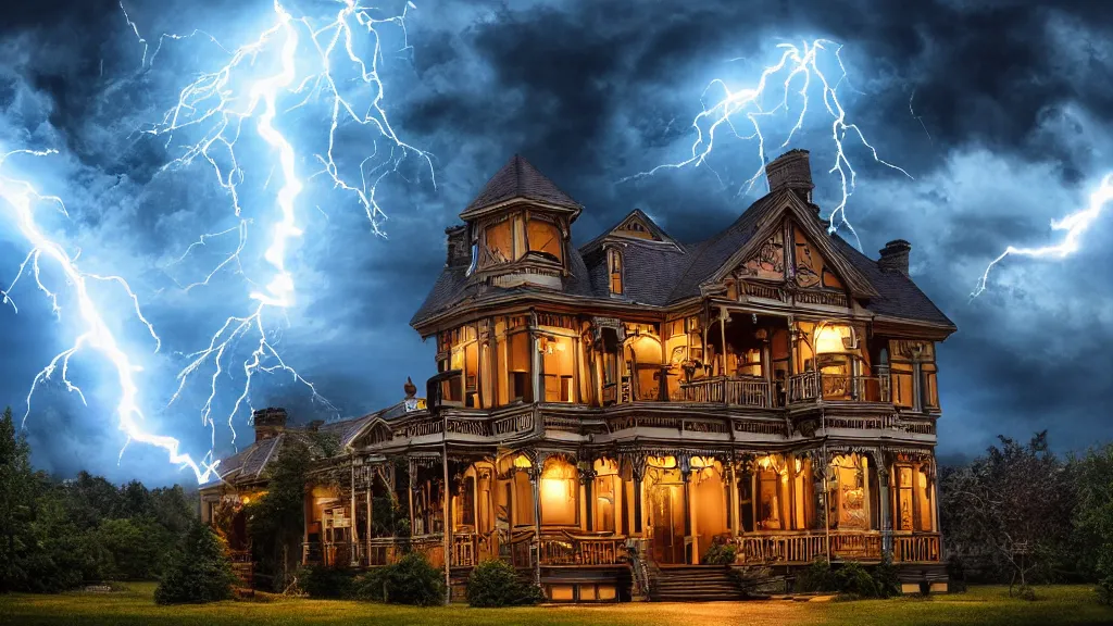 Image similar to richly decorated Victorian house, modern, beautiful, detailed wood, photorealistic, photorealism, ball lightning, lightning, clouds, smoke, storm, diffuse light, vivid cybernetics