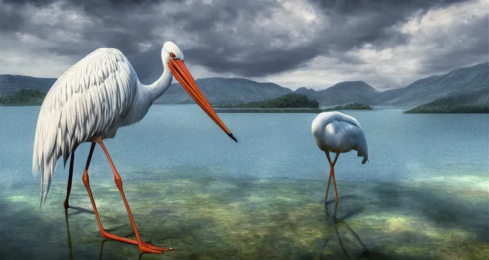 Image similar to A beautiful hyper realistic ultra detailed lifelike matte painting of a stork in a lake, reef, water reflection, unreal engine, deviantart, flickr, artstation, octane render, textured, colorful, extreme realistic detail, physically based rendering, pbr render, very detailed, volumetric lighting, detailed lighting, octane render, 4k, cinematic lighting, 8k resolution