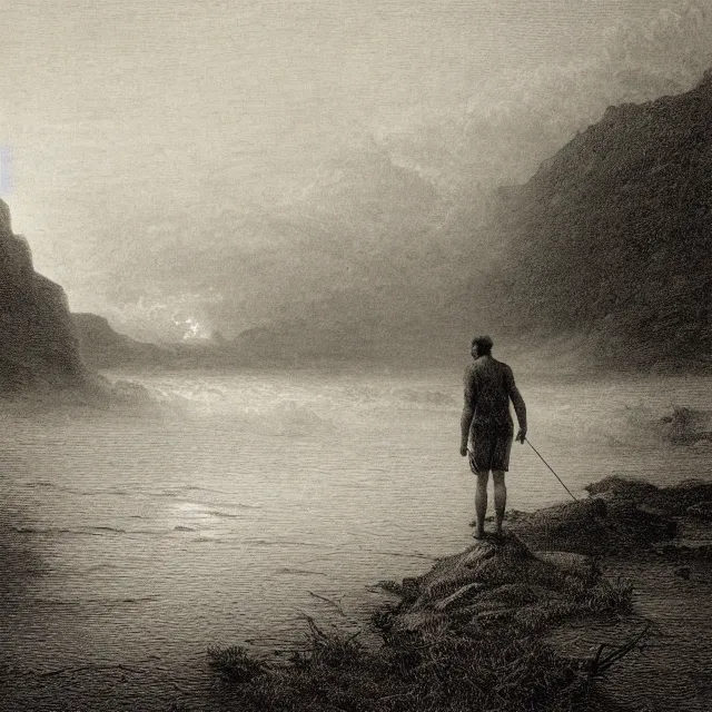 Prompt: an engraving of man in shorts standing in a shallow river by gustave dore, caspar david friedrich, foggy, depth, strong shadows, stormclouds, illuminated focal point, highly detailed