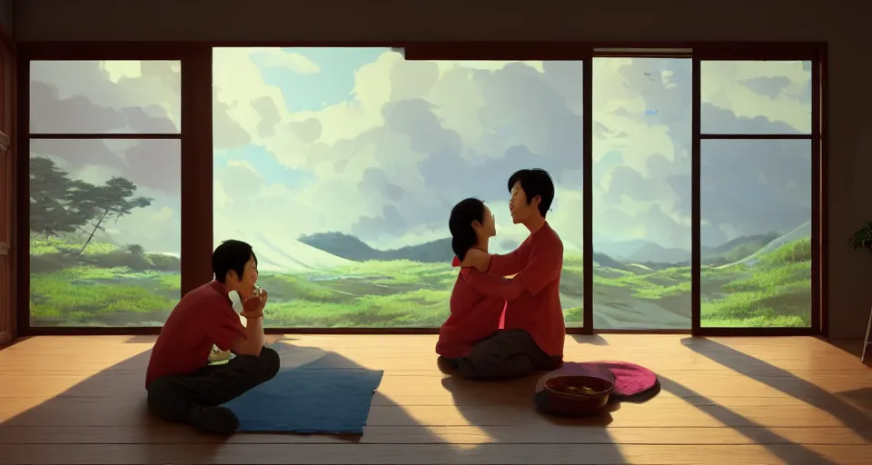 Prompt: wide shot of asian couple hugging at each other, sitting in rural living room, group of mechanical fans placing around the room, day light, colorful mood, high details, octane render, 8 k, digital illustration by kyuyong eom, realistic painting by aivazovsky. thick linings, manga