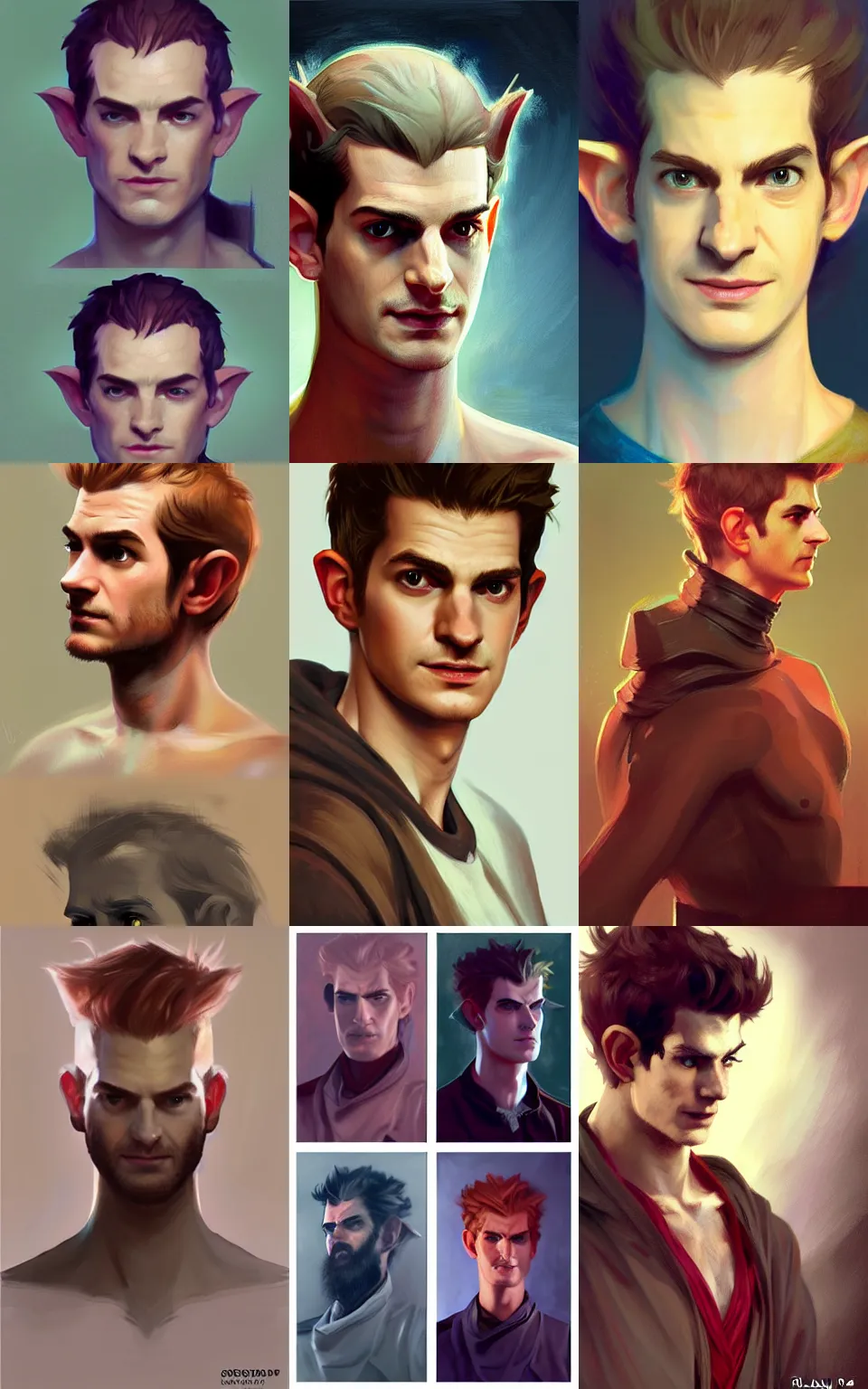 Prompt: character concept portrait, centralized head and upper torso, andrew garfield as a male elf wizard, style digital painting, concept art, smooth, sharp focus, illustration, from metal gear, by ruan jia and mandy jurgens and william - adolphe bouguereau, artgerm