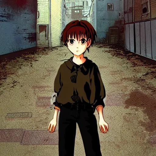 Image similar to a portrait of tomboy Lain from serial experiments: Lain Shinji with a town behind