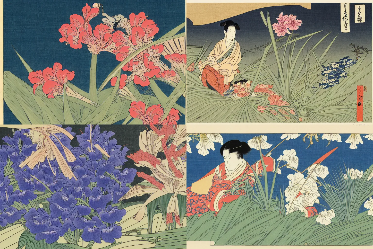 Prompt: a masterful ukiyo - e print of a cricket hidden amongst irises'leaves and flowers by katsushika hokusai and utagawa hiroshige, masterpiece, illustration, hyperdetailed, 4 k