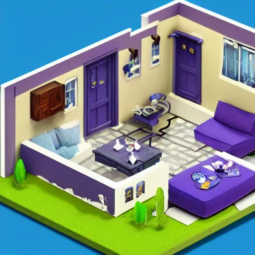 Prompt: small cute mobile game house, blue and purple scheme, 1 0 0 mm, 3 d render, isometric, diorama, blue background,