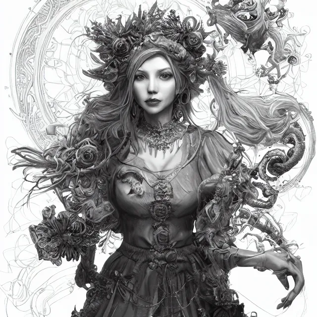 Image similar to the portrait of chaotic good female druid alchemist as absurdly beautiful, gorgeous, elegant, mature happy woman, an ultrafine hyperdetailed illustration by kim jung gi, irakli nadar, intricate linework, sharp focus, bright colors, octopath traveler, final fantasy, unreal engine 5 highly rendered, global illumination, radiant light, detailed and intricate environment