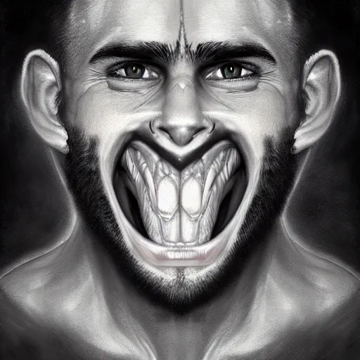 Prompt: x-ray scan of Beautiful face of very manly Gigachad with very big jaws, big eyebrows, smile like trollface jaw strongly tilted on one side, painting on grey scale face, powerful , magic, thunders, dramatic lighting, intricate, wild, highly detailed, digital painting, artstation, concept art, smooth, sharp focus, illustration, art by artgerm and greg rutkowski and alphonse mucha, footage