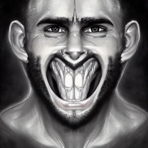 KREA - Beautiful face Portrait of very manly Gigachad with very big jaws,  original Gigachad, big eyebrows, colorful face painting on grey scale face,  powerful , magic, thunders, dramatic lighting, intricate, wild