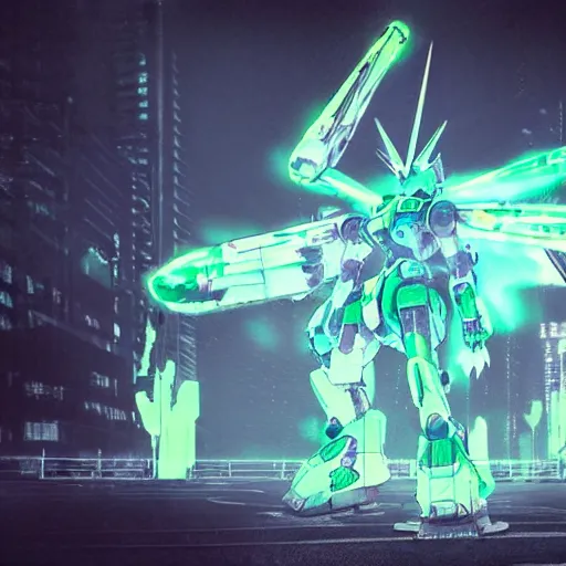 Image similar to Nostalgic Daguerreotype photo of Futuristic Kaiju Evangelion-Gundam Mecha Robot guarding futuristic cyberpunk Tokyo city, misty xparticles. blacklight neon glow. Hyperrealism