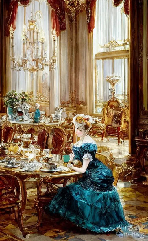 Image similar to Victorian princess drinking tea on the royal palace dining room. By Konstantin Razumov, highly detailded