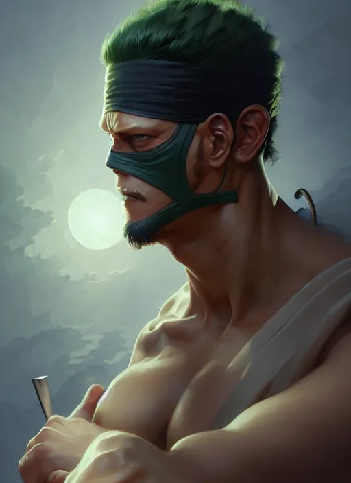 Image similar to ultra realistic illustration, handsome zoro. intricate, highly detailed, digital painting, artstation, concept art, smooth, sharp focus, illustration, art by artgerm and greg rutkowski and alphonse mucha and wlop