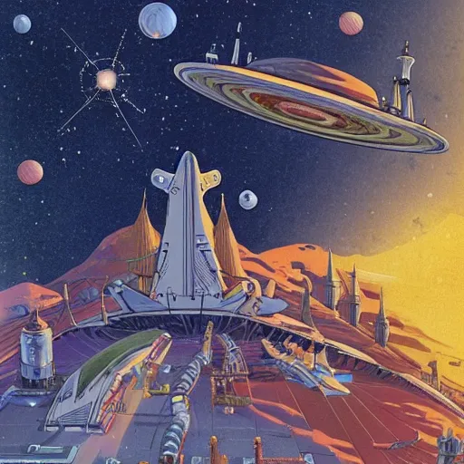 Prompt: ottoman sultanate space base, in space with stars glittering in the background, pulp science fiction illustration