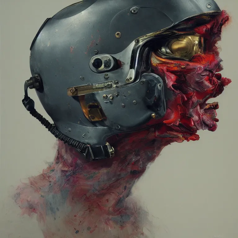 Image similar to hyperrealistic detailed higher angle portrait of a character in fighter pilot helmet, fighter jets, rich deep colors, ultra detail, by francis bacon, james ginn, petra courtright, jenny saville, gerhard richter, zdzisaw beksinski, takato yamamoto. masterpiece, elegant fashion studio ighting 3 5 mm