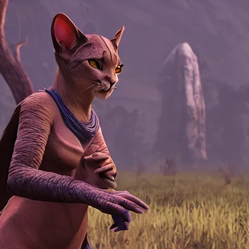 Prompt: Petting a Khajiit and encountering mild bemusement