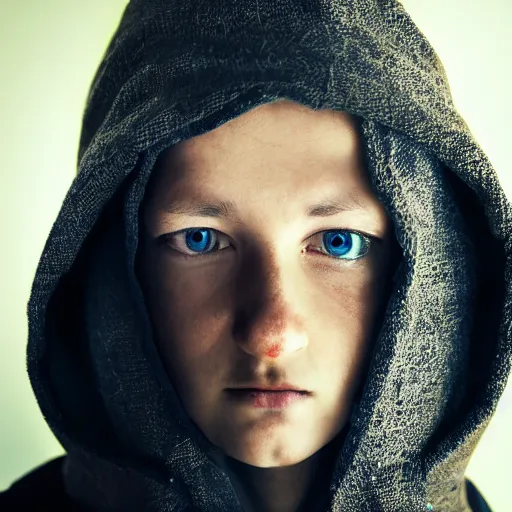 Prompt: medium shot 3 / 4 portrait of a hooded human whose been surgically embellished with computer circuitry and devices, piercing glare in the eyes, dark bokeh in background, light from top right, diverse textures