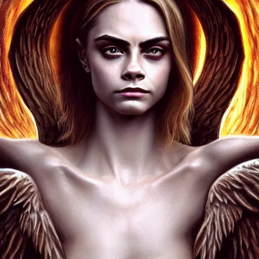 Prompt: cara delevingne as an angel standing in the front of gates of hell. angel is draped with bones. digital painting. art station. mood lighting. skindness, highly detailed, concept art, intricate, sharp focus, einar jonsson and bouguereau - h 1 2 0 0