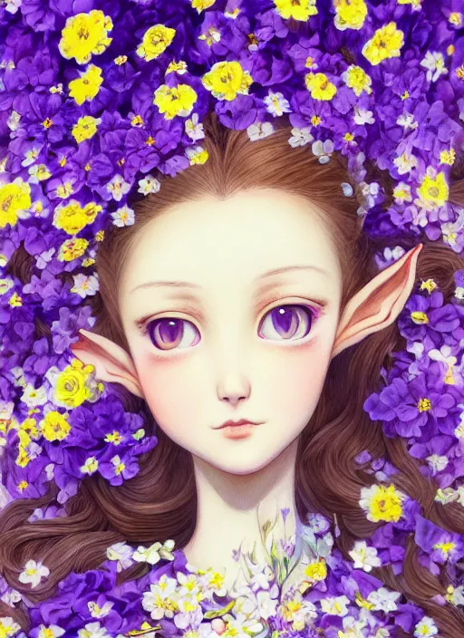 Image similar to elf girl wearing an flower suit, soft hair. light color palate, purple, yellow and white. detailed soft painting, ayami kojima, made in abyss, anatomically correct, ilya kuvshinov, inspired in balthus, high detailed face anime, vogue magazine, glorious composition, mobile wallpaper, safe