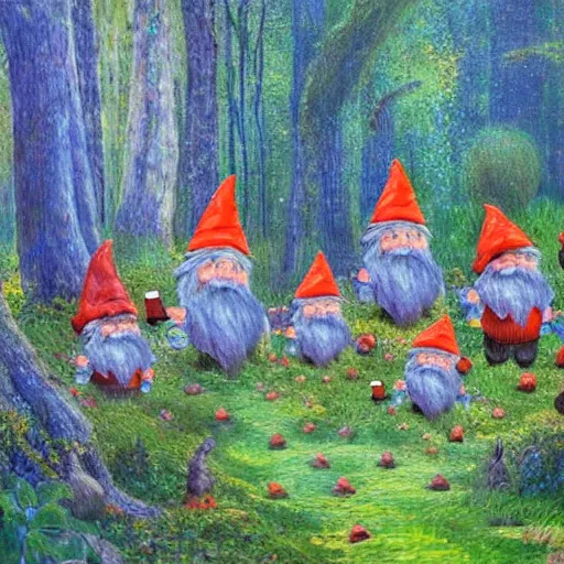Prompt: many gnomes working in a natural forest, building mushrooms, fairytale, impressionism