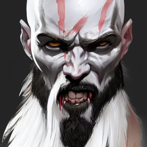 Prompt: kratos with white hair holding skull, by makoto shinkai, greg rutkowski, artstation, high detailed, cgsociety,