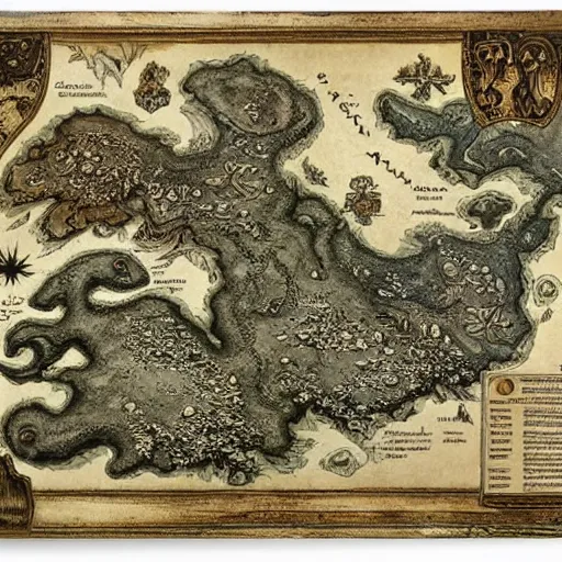 Image similar to fantasy map of an ancient land of Odrua in the Fantasy world of Lute, showing continents archipelagos cities mountains deserts rivers coastlines kingdoms, a central musical land, vast oceans with kraken by JRR Tolkien by Brian Froud