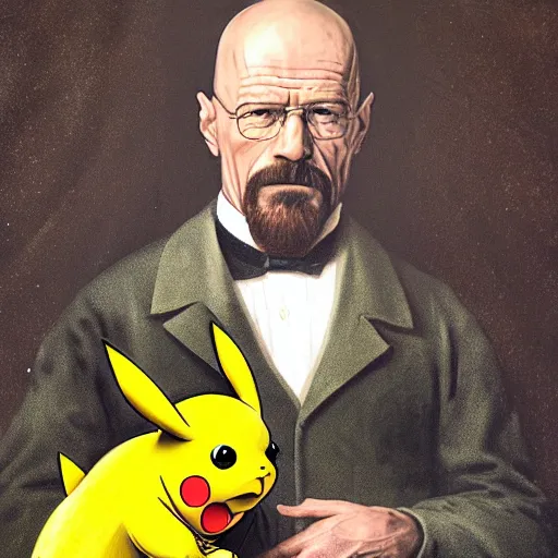 Prompt: 19th century portrait of Walter White holding Pikachu