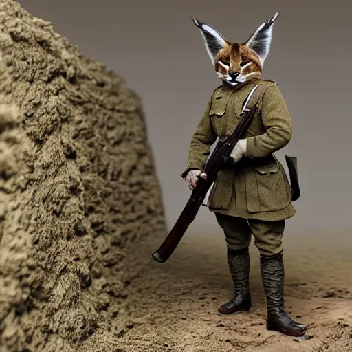 Prompt: cute fluffy caracal in trenches of ww 1, wearing ww 1 hermet, with rifle, old photo, hyperrealistic detailed 8 k, very detailed face