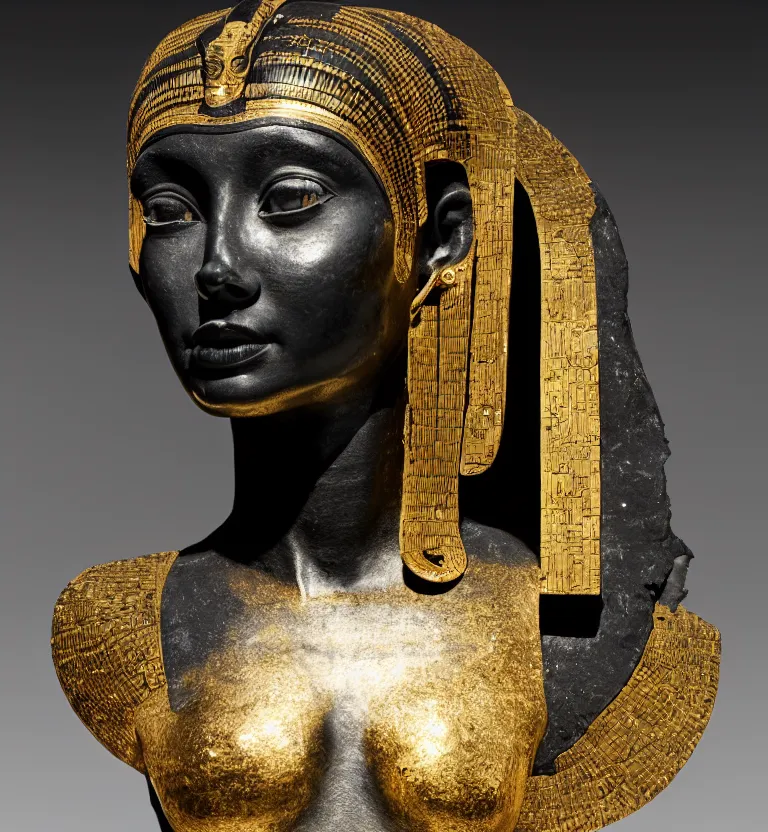 Prompt: a photo at the museum showing a black marble and gold full body sculpture of cleopatra. good quality, good light, anatomically correct, 8 k