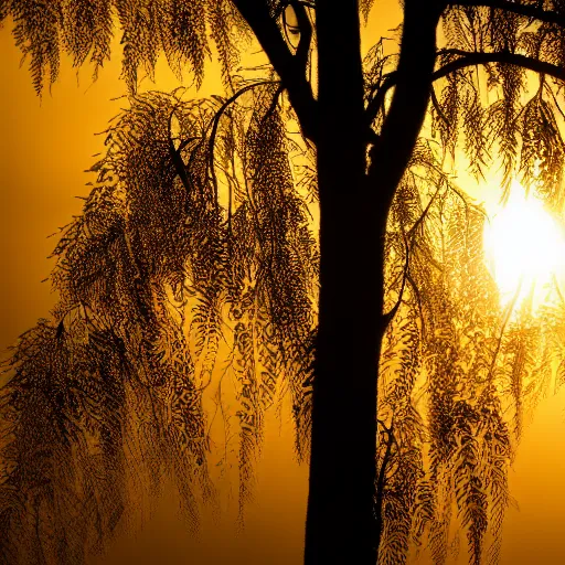 Prompt: closeup photo of tree leafs at sunset, backlighted, foggy, professional photo, nikon d 7 2 0 0, f / 1. 8