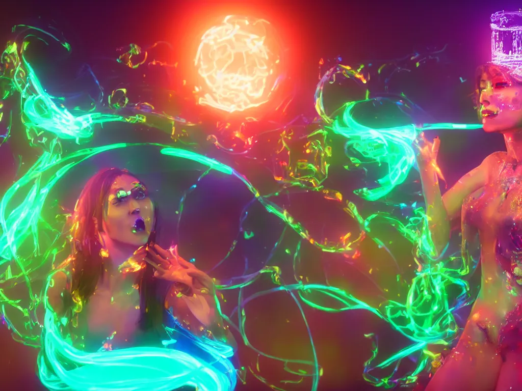 Image similar to a hyperrealistic portrait render of a beauty queen opening a bottle of glowing worms and drinking fluorescent liquid in the cosmos, unreal engine 8k