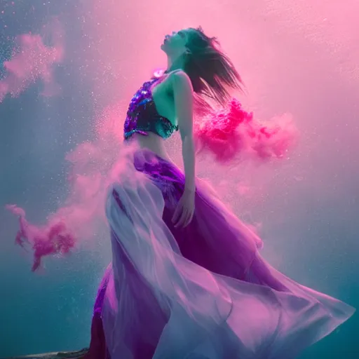 Image similar to woman dancing underwater wearing a flowing dress made of blue and magenta seaweed, delicate coral sea bottom, swirling silver fish, swirling smoke shapes, octane render, caustics lighting from above, cinematic