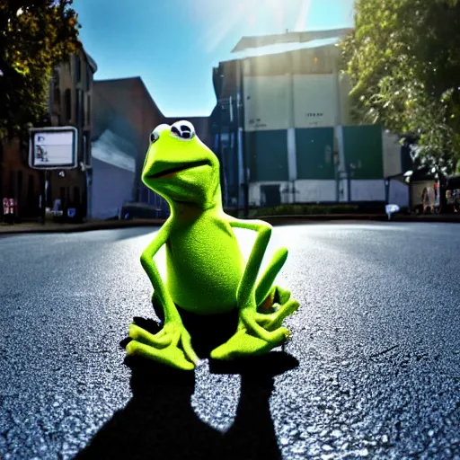 Image similar to slimy kermit the frog leaning against a motorcycle. bright sky. shiny pavement. gq magazine photograph.