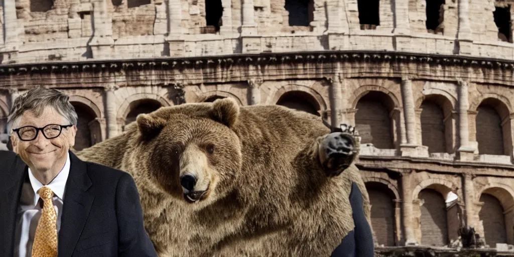 Image similar to Bill Gates dressed as a roman gladiator in front of an angry bear in the Colosseum. Film scene. Dramatic lightning. 4k.