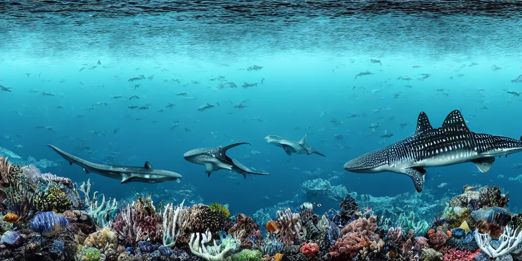 Image similar to hyperrealistic underwater photography, panoramic picture of an ocean floor with in the distance some whale sharks. focus on the sharks. the sharks are anatomically correct and highly detailed. the shark's eyes are intricately detailed. there are lots of bubbles. seaweed and some rocks. gloomy scattered light entering from the water surface, trending on artstation, hq, 4 k