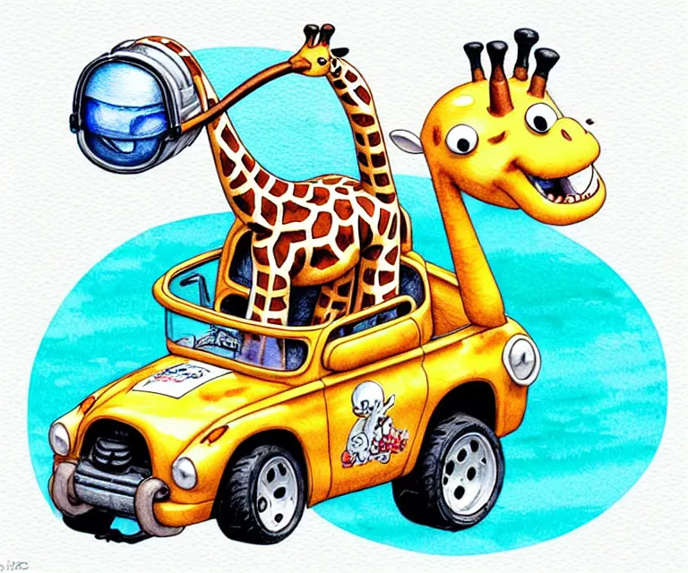 Image similar to cute and funny, giraffe wearing a helmet riding in a tiny hot rod with oversized engine, ratfink style by ed roth, centered award winning watercolor pen illustration, isometric illustration by chihiro iwasaki, edited by range murata, tiny details by artgerm and watercolor girl, symmetrically isometrically centered, focused