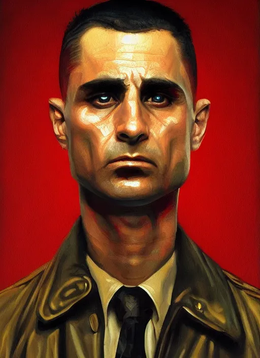 Prompt: realistic portrait of travis bickle from taxi driver, trending on artstation, low angle oil painting and composition laws, cinematic lighting, hyperdetailed, cgsociety, 8 k