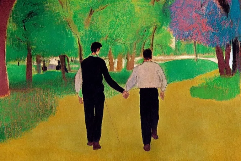 Prompt: a very tall man named John with dark hair holding the hands of a short young boy named Alex with dark hair as they walk in a park on a bright beautiful colorful day. part in the style of an edgar degas painting. part in the style of david hockney
