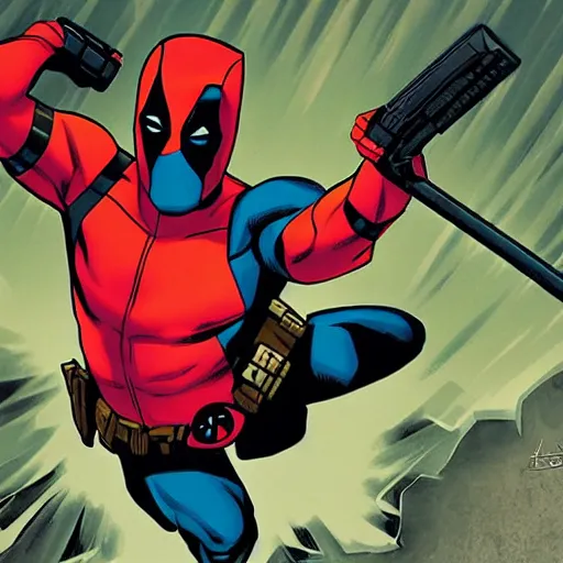 Prompt: Peacemaker battling Deadpool, Marvel, DC, comic book panels, superhero,