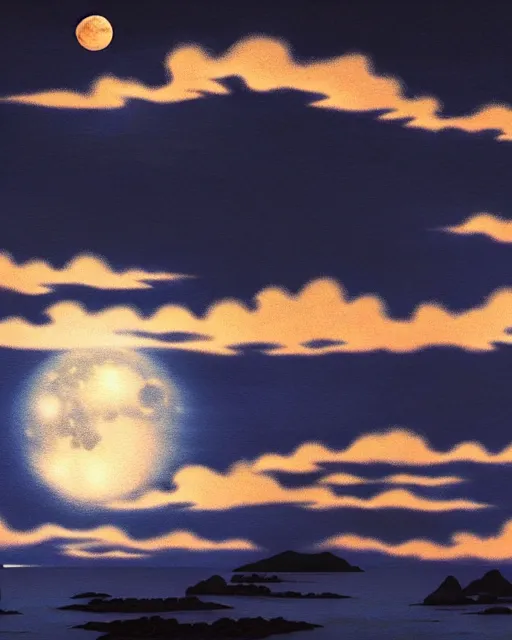 Image similar to full moon night scene, clouds, ocean, scenery wallpaper aesthetic, beautiful, cinematic, dramatic, super detailed and intricate, hyper realistic, 4 k render, by satoshi kon, by darwyn cooke, by kentaro miura, by koson ohara, by hasui kawase