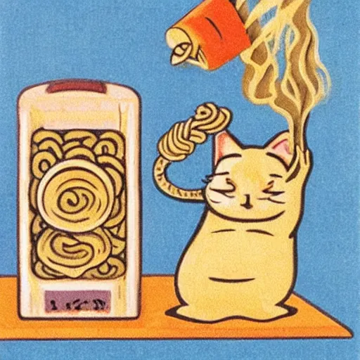 Image similar to fat cat eating noodles on toast, roaring 2 0 s art style