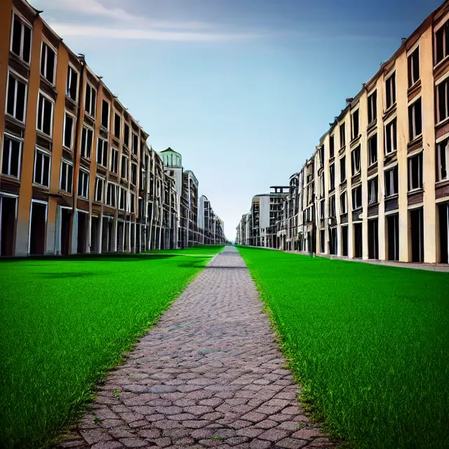 Prompt: perfect grass lawn instead of asphalt and road. empty town street with identical high soviet level buildings. cinematic, straight lines