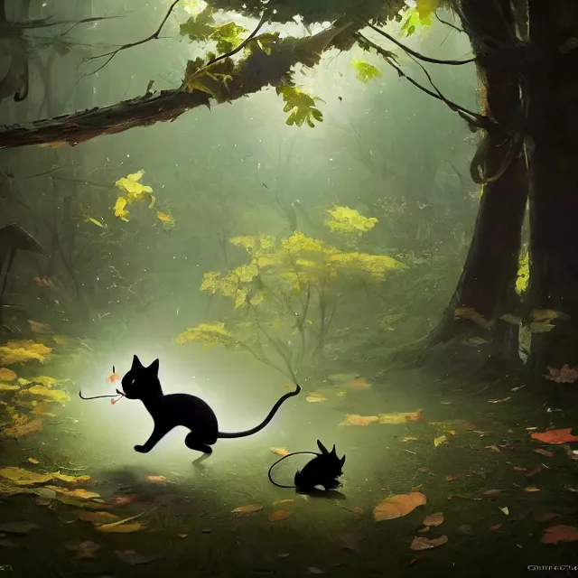 Image similar to a beautiful painting of a cute black cat catching a mouse in a forest. character design by cory loftis, fenghua zhong, ryohei hase, ismail inceoglu and ruan jia. artstation, volumetric light, detailed, photorealistic, rendered in octane