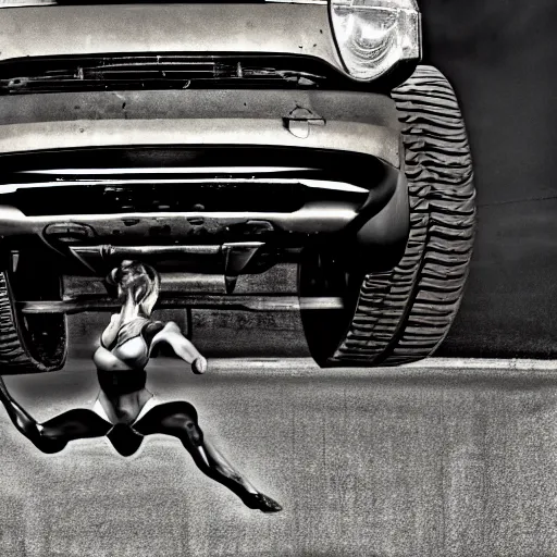 Prompt: car jumping, bodybuilder, woman, holding, photo, digital art, hands, underbody, throw, tire, standing, asphalt, floor