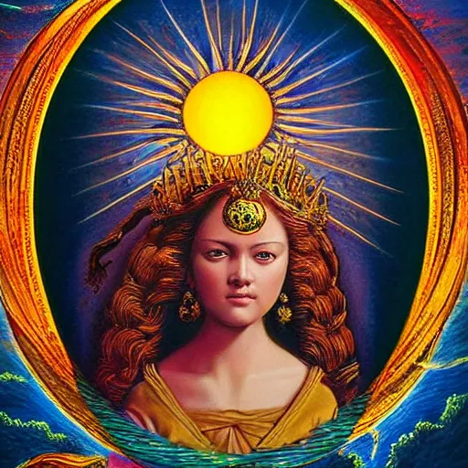 Prompt: A extremely highly detailed majestic hi-res beautiful immaculate head and shoulders award winning painting stunning masterpiece of a tarot card the sun, high detail, hyperrealistic, photorealistic, octante render, cinematic, high textures, royaltly, royal, hyper sharp, 4k insanely detailed and intricate, hypermaximalist, 8k, hyper realistic, super detailed, 4k HDR hyper realistic high by Michelangelo Merisi da Caravaggio,