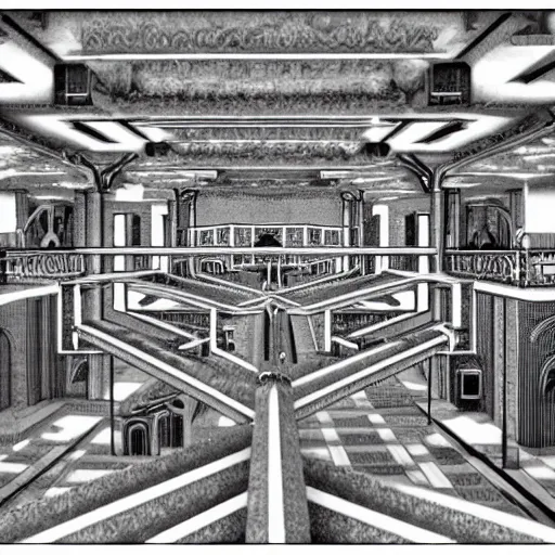 Prompt: the last virtual art museum in a 9 0's video game, made in 1 9 9 0, hyper detailed realistic hd screenshot, in the style of mc escher, in the style of a liminal space