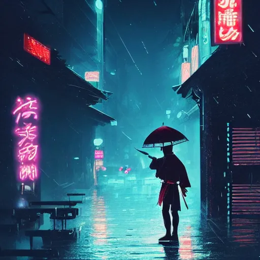 Prompt: illustration of a samurai protecting his daughter from assassins, rainy night, neon glow concept art, sharp focus, cyberpunk 2077, steam punk, scifi, octane render, art by Ilya Kuvshinov, wallpaper, highly detailed, anime key visual, cold colors, epic landscape, HD digital art, artstation