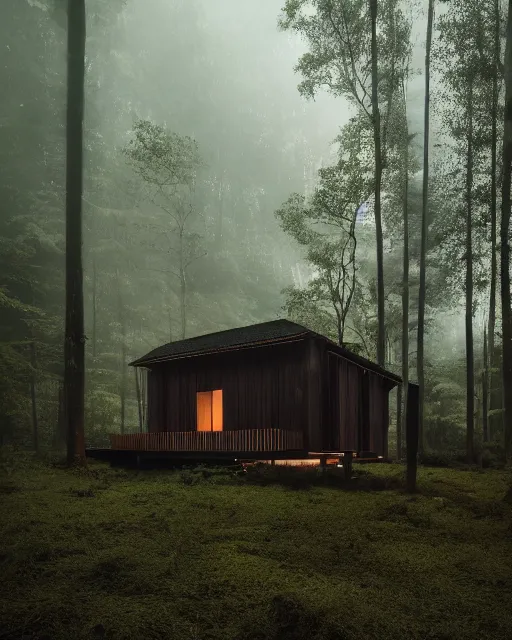 Image similar to an exquisite wooden house in the middle of a lush forest, minimalist design, architectural photography, dark and dim lighting, beautiful, tranquil, moody, cinematic, fantasy, 3 5 mm lens, volumetric lighting, first person view, photographic render, hyper realistic