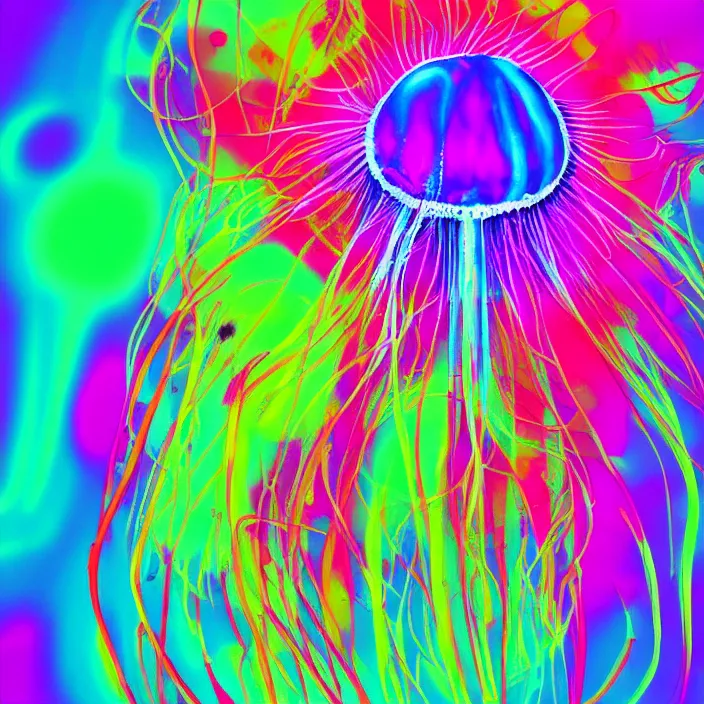 Image similar to psychedelic colored jellyfish, bright neon colors, digital art