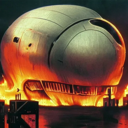 Image similar to a cyberpunk imagining of the hindenburg burning to the ground