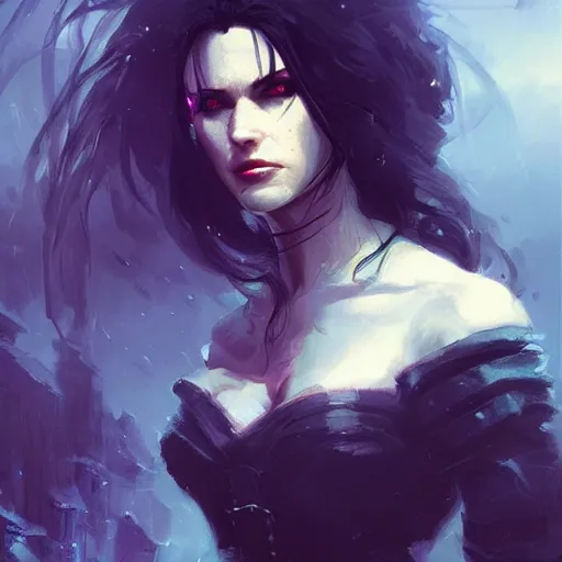 Prompt: Yennefer cyberpunk, oil painting, Tooth Wu, Greg Rutkowski, RPG portrait, dynamic lighting, fantasy art, High contrast, depth of field