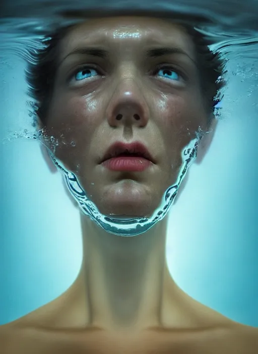 Image similar to beautiful extreme closeup portrait of a woman fully submerged ecxept of the top of his head, horrified look in his eyes, water reflection, sigma 85mm, highly detailed, soft lighting, elegant,sigma 85mm, Edward Hopper and James Gilleard, Zdzislaw Beksinski, Steven Outram, highly detailed