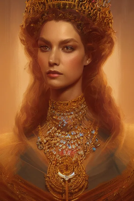 Image similar to portrait of majestic royal queen in her thrown with jewels, staring directly into camera, intricate, elegant, glowing lights, highly detailed, digital painting, artstation, sharp focus, illustration, art by wlop, mars ravelo and greg rutkowski